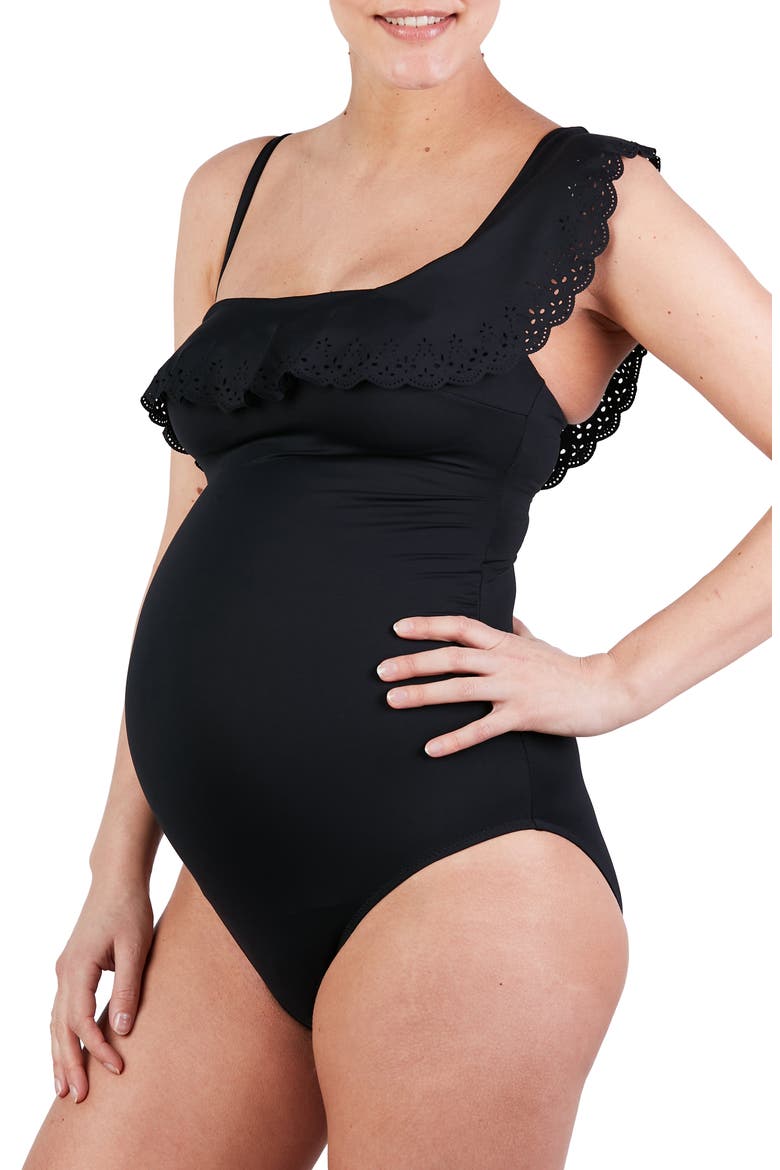 Bloom One-Shoulder One-Piece Maternity Swimsuit, Alternate, color, BLACK