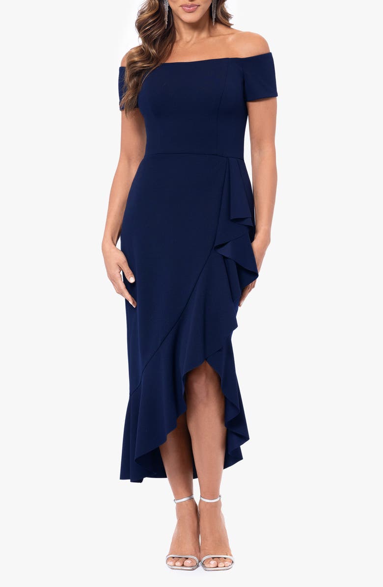 Xscape Evenings Off the Shoulder Midi Cocktail Dress, Main, color,