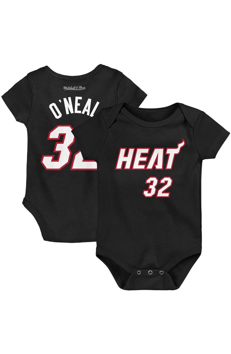 Mitchell & Ness Infant Mitchell & Ness Shaquille O'Neal Black Miami Heat Hardwood Classics Name & Number Bodysuit, Main, color,