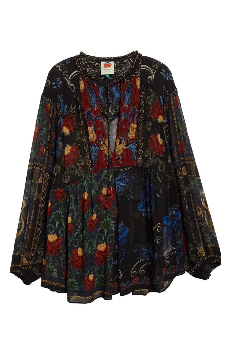 FARM Rio Mixed Arabesque Scarves Print Long Sleeve Minidress, Alternate, color, Black Arabesque