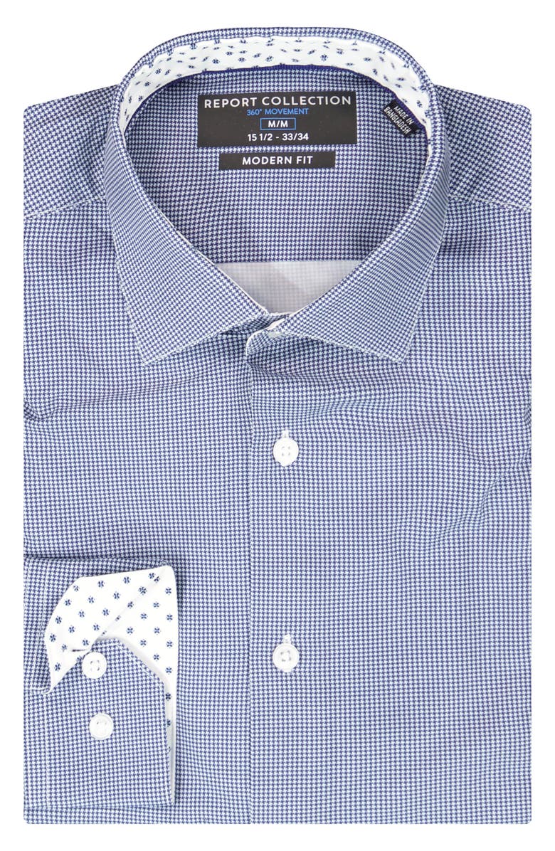 Report Collection Slim Fit Houndstooth 4-Way Stretch Button-Up Shirt, Alternate, color, Navy
