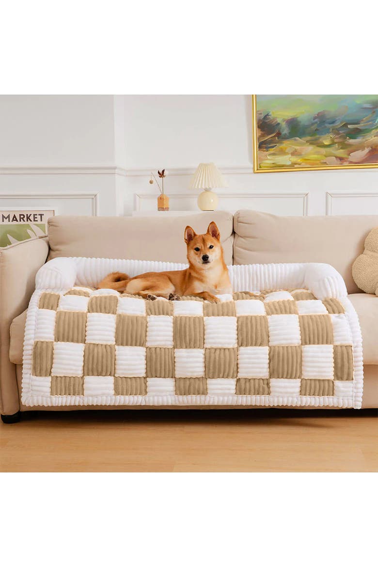 Cream Square Plaid Cozy Dog Mat Furniture Protector Cover, Alternate, color, Coffee