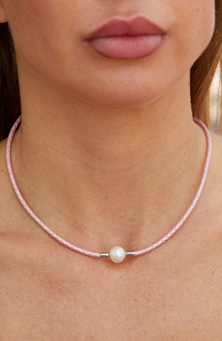 SAVVY CIE JEWELS Woven Leather 10–10.5mm Cultured Freshwater Pearl Necklace, Alternate, color, Pink