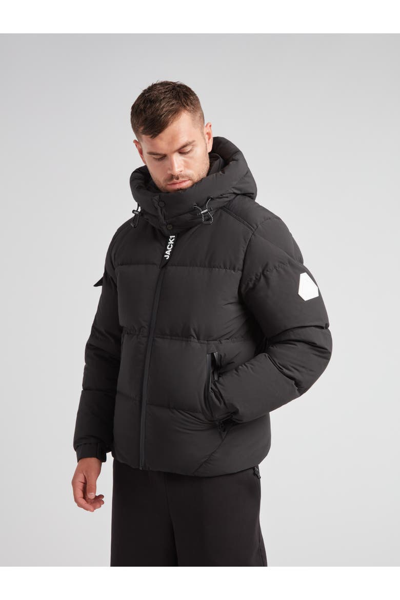 EZ Water Hooded Puffer Racer Jacket, Main, color, MATT BLACK