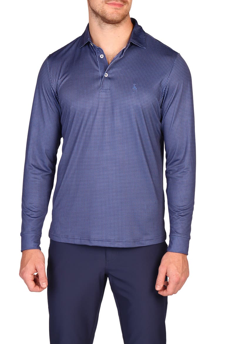 Mini Houndstooth Print Long Sleeve Performance Polo, Main, color, COBALT BLUE