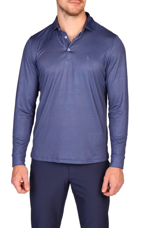 Mini Houndstooth Print Long Sleeve Performance Polo