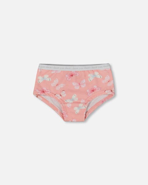 Girl's Printed Organic Cotton Boyshort Panty Pink And Blue Butterflies On Old Pink
