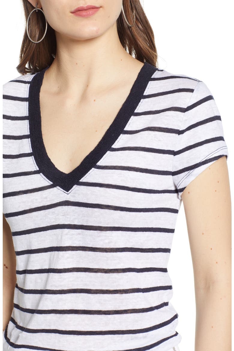 Cap Sleeve V-Neck Linen Tee, Alternate, color, NAVY ECLIPSE STRIPE
