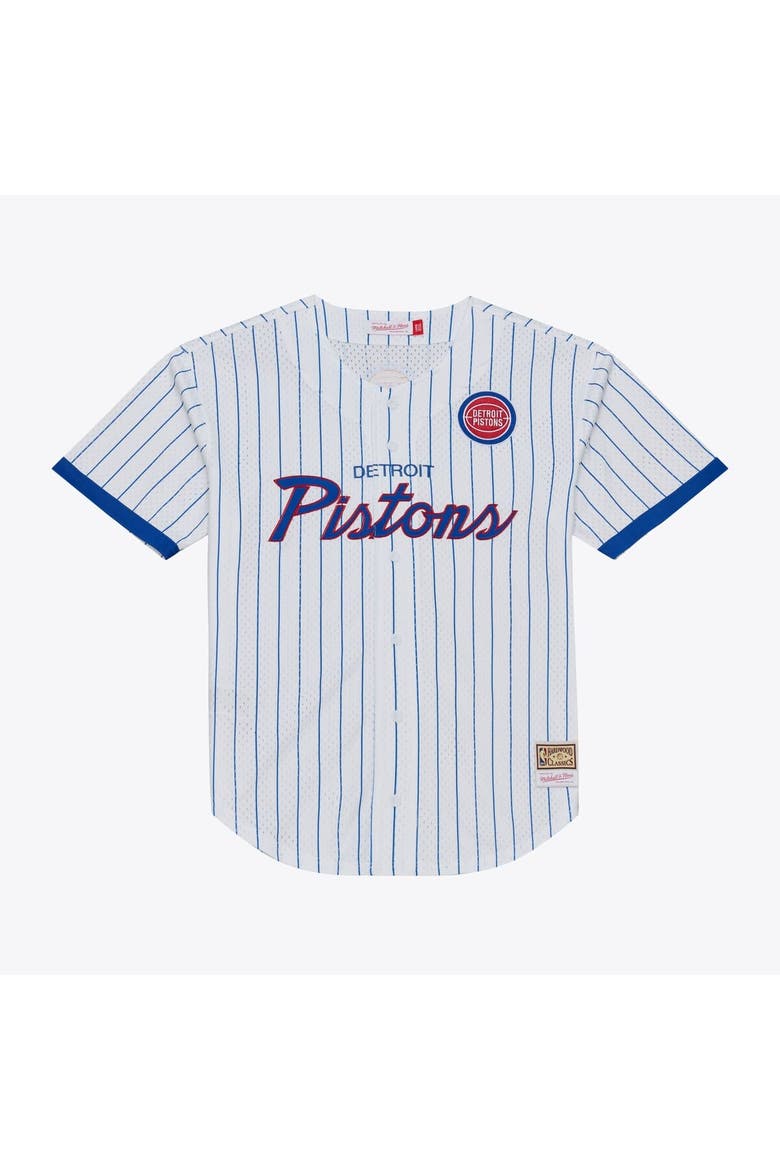 Men's Mitchell & Ness White Detroit Pistons Head Coach Pinstripe Mesh Full-Button Baseball Jersey, Main, color, White