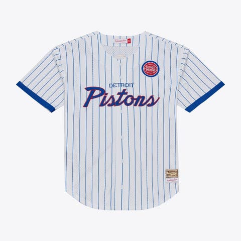 Men's Mitchell & Ness White Detroit Pistons Head Coach Pinstripe Mesh Full-Button Baseball Jersey