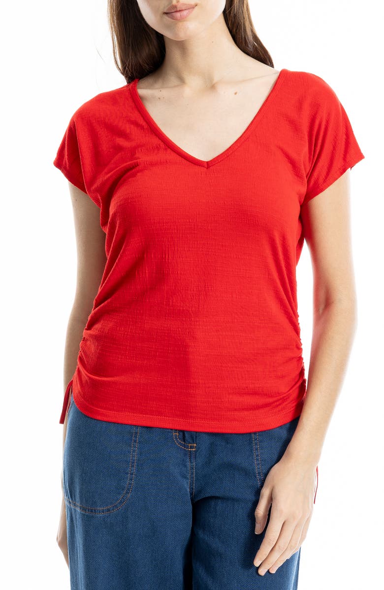 MAX STUDIO Cap Sleeve Ruched Crinkled Knit Top, Main, color, Cherry Red