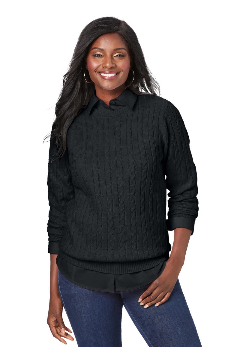 Jessica London Cable Crewneck Sweater, Main, color, Black