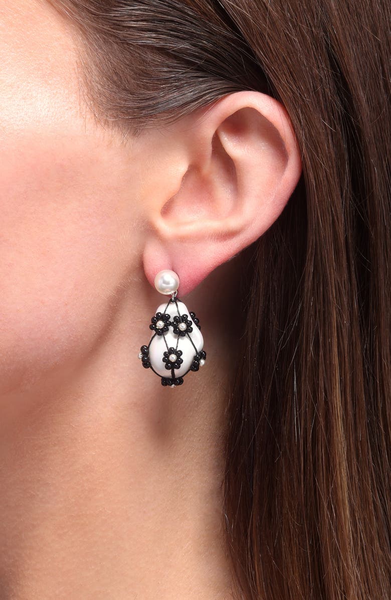 Tory Burch Curiosity Freshwater Pearl Drop Earrings, Alternate, color, Tory Silver/ White / Black