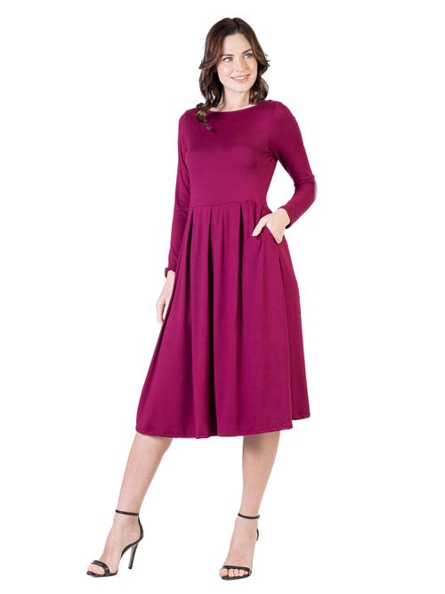 24seven Comfort Apparel Midi Length Fit N Flare Pocket Dress In Purple