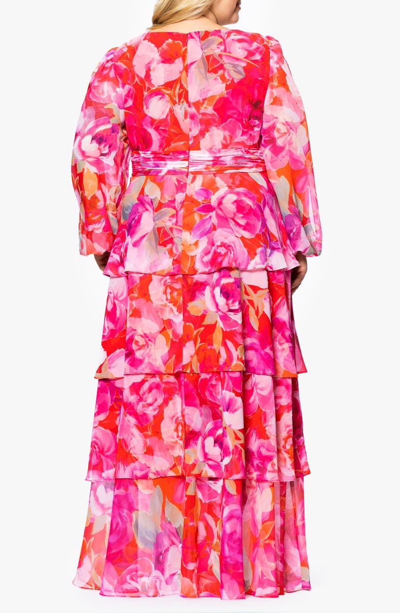 Xscape Evenings Floral Long Sleeve Tiered Ruffle Gown, Alternate, color,