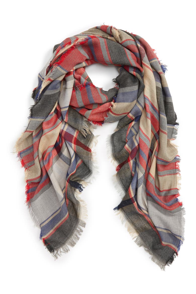 Plaid Oblong Scarf, Main, color, TAN MULTI