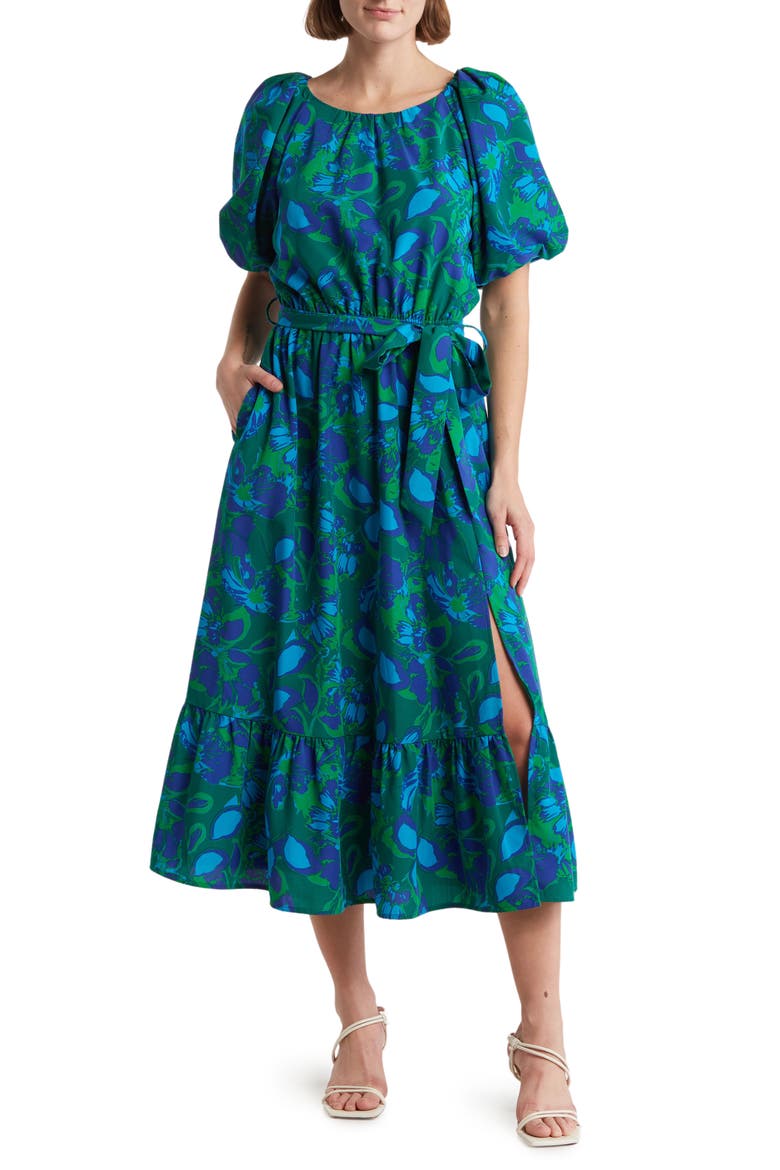 Floral Print Poplin Midi Dress, Main, color, GREEN MULTI