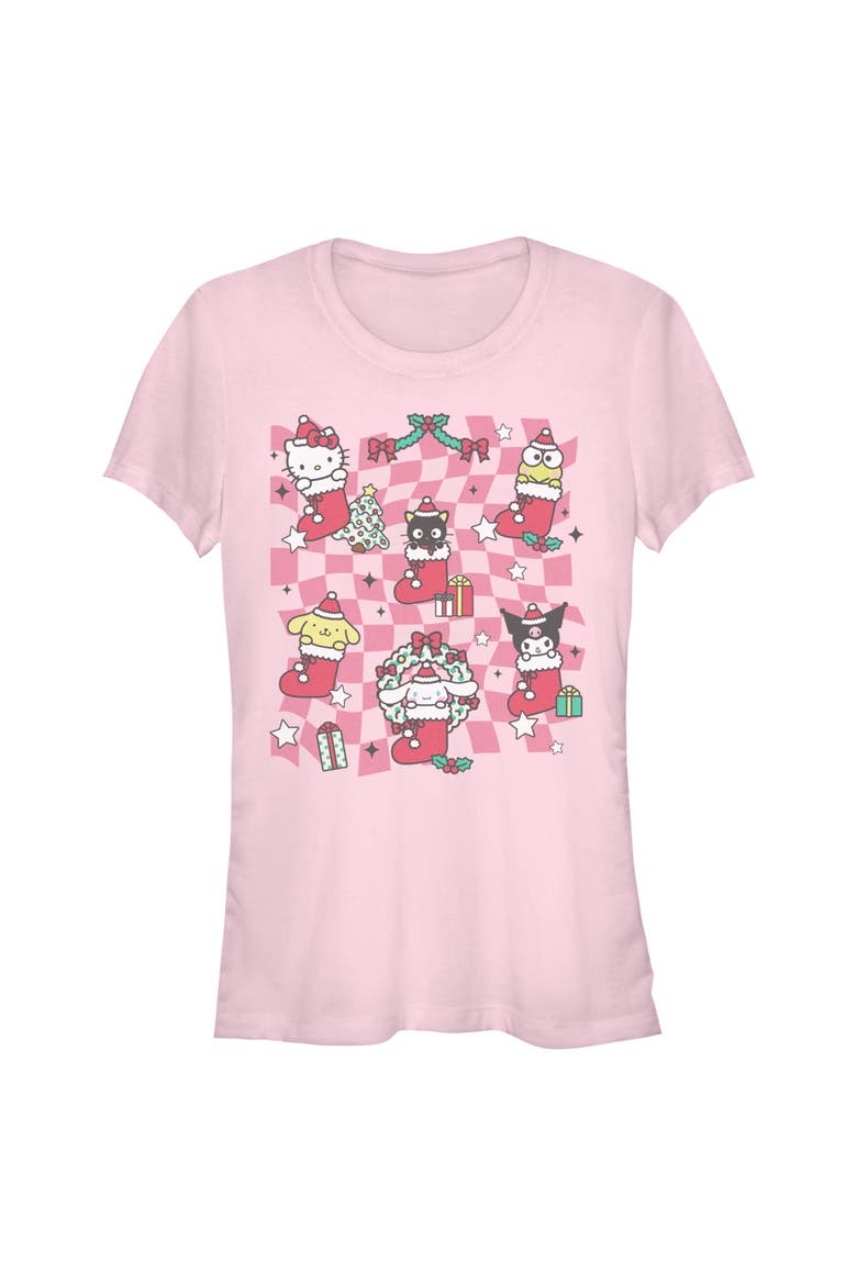 Junior's Hello Kitty Christmas Stockings and Friends  Graphic T-Shirt, Main, color, Light Pink