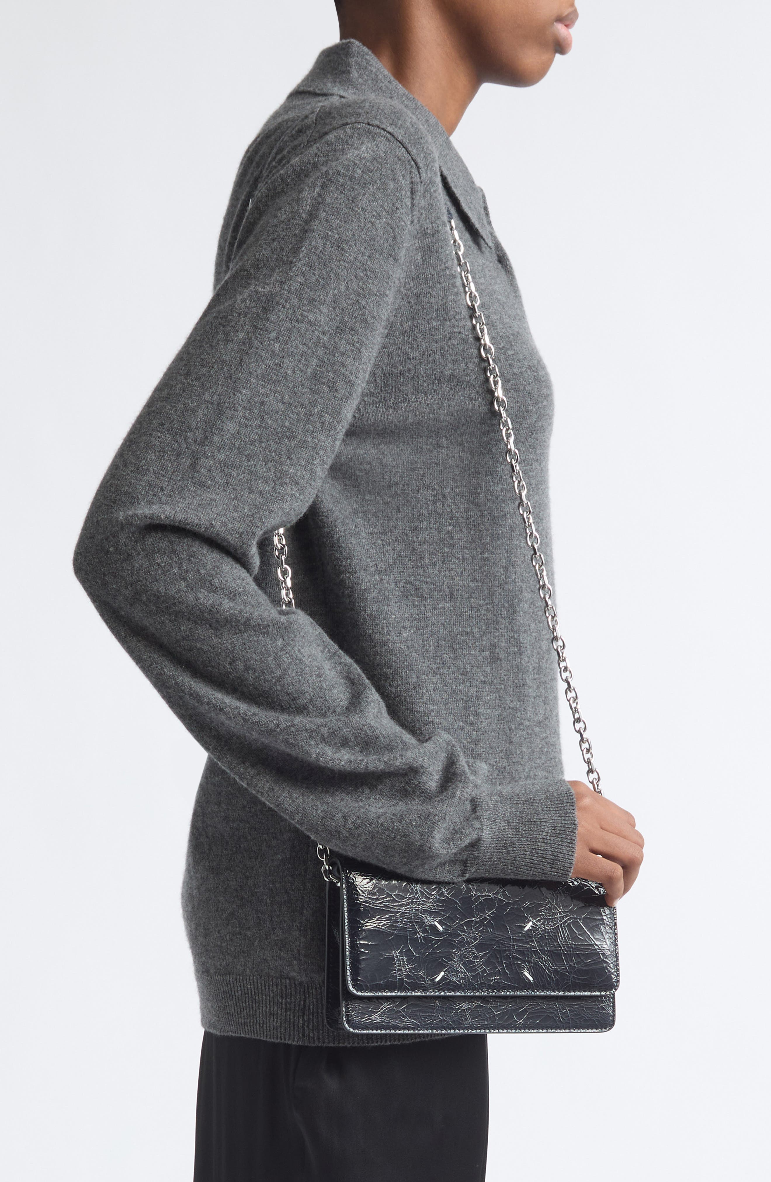 Medium Crackled Leather Wallet on a Chain, Alternate, color, DARK NAVY