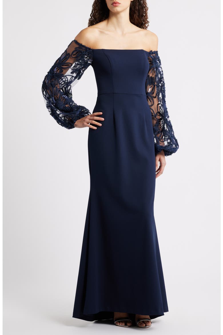 Sequin Balloon Long Sleeve Off the Shoulder Gown, Main, color, NAVY