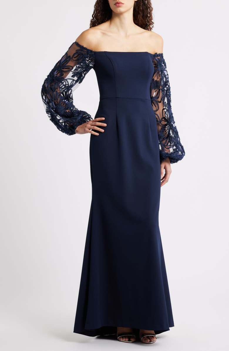 Eliza J Sequin Balloon Long Sleeve Off the Shoulder Gown, Main, color,