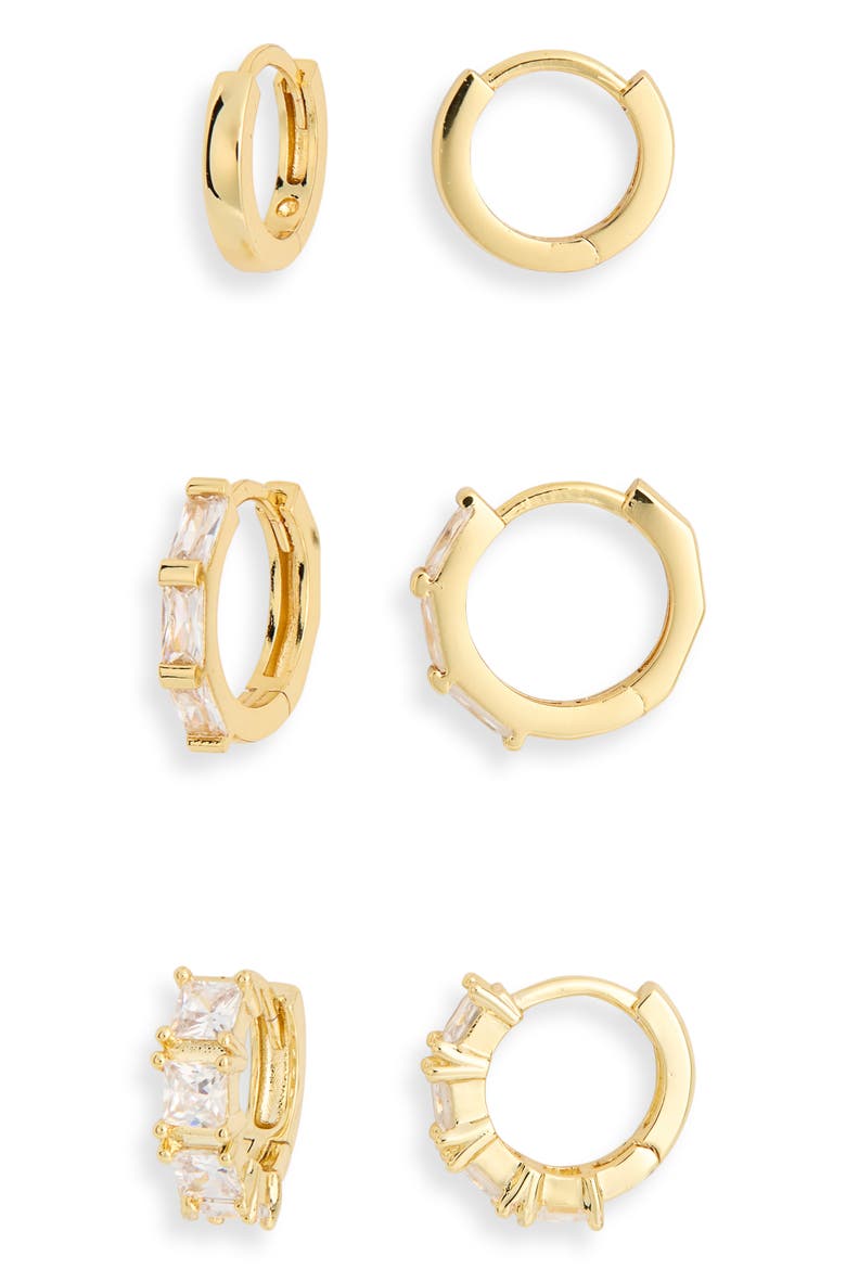 3-Pack CZ Hoop Earrings, Main, color, CLEAR- GOLD
