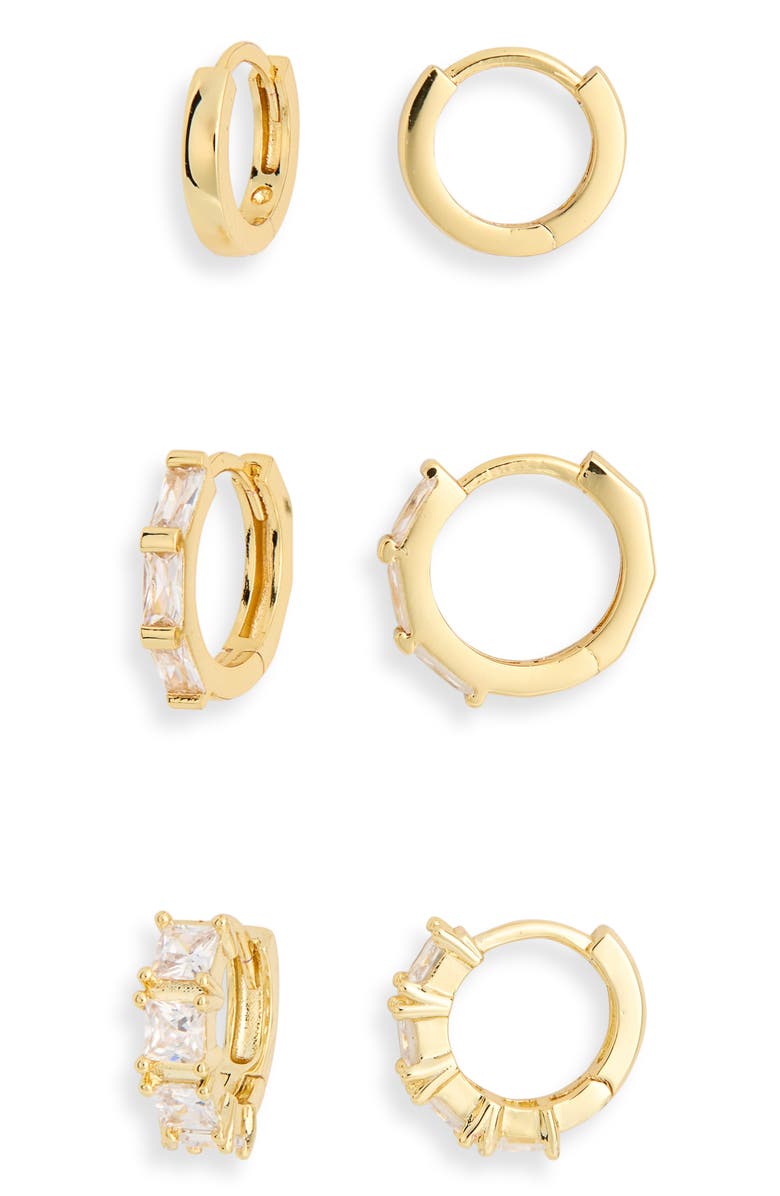 NORDSTROM RACK 3-Pack CZ Hoop Earrings, Main, color, Clear- Gold