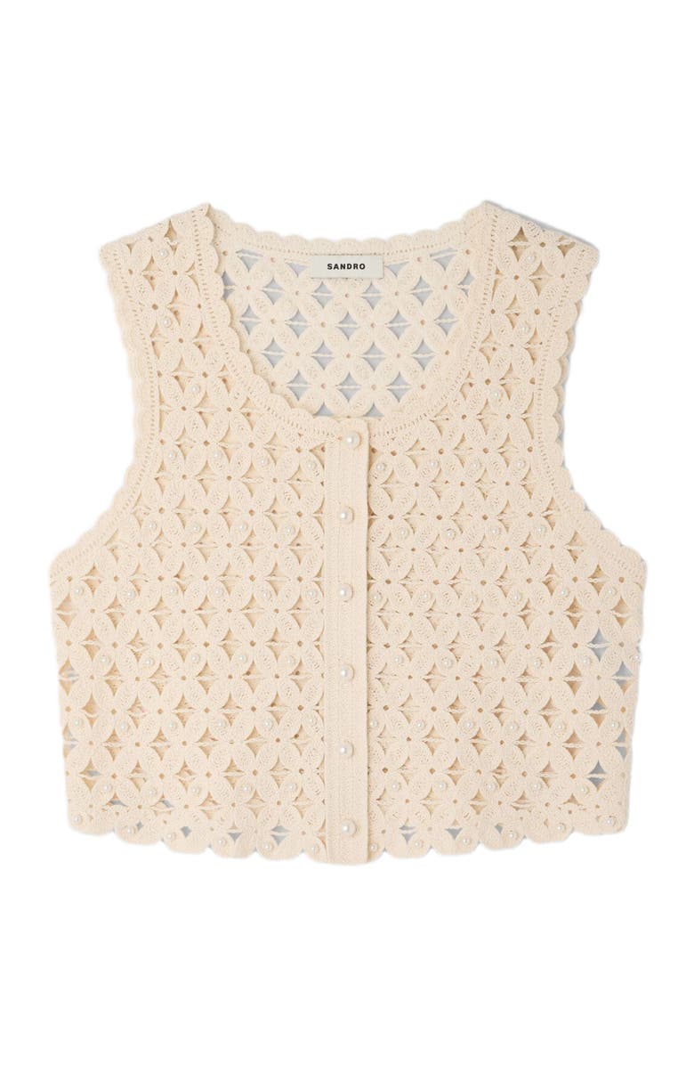 SANDRO Beaded crochet cropped cardigan, Alternate, color, Ecru