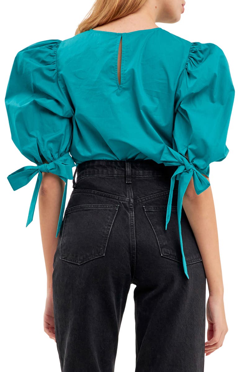 English Factory Bow Banded Puff Sleeve Blouse, Alternate, color, Teal