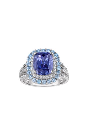Fzn Sterling Silver Blue Oval & White Round Cubic Zirconia Ring In Blue