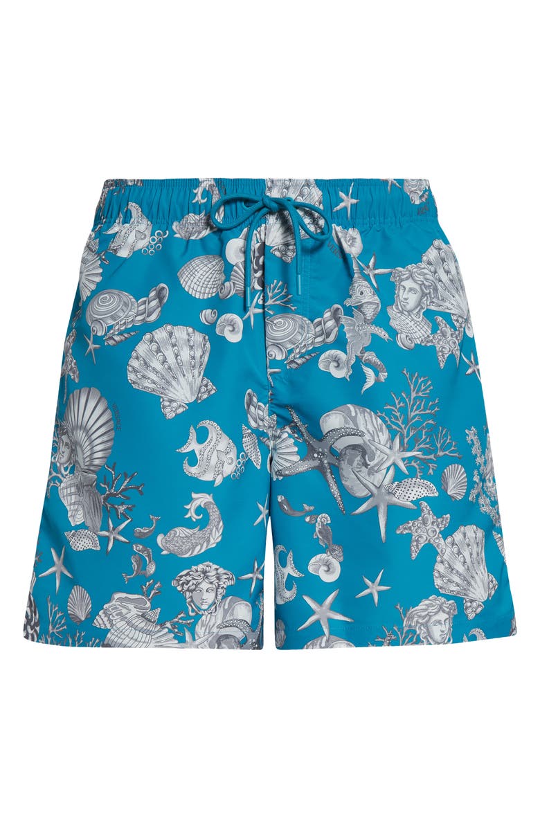 Versace Coral Theater Swim Trunks, Alternate, color, Dark Sea Green Silver Grey