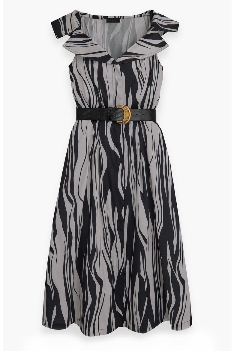 Zebra Print Notched Lapel Belted Midi Dress, Alternate, color, BLACK/ PRISTINE