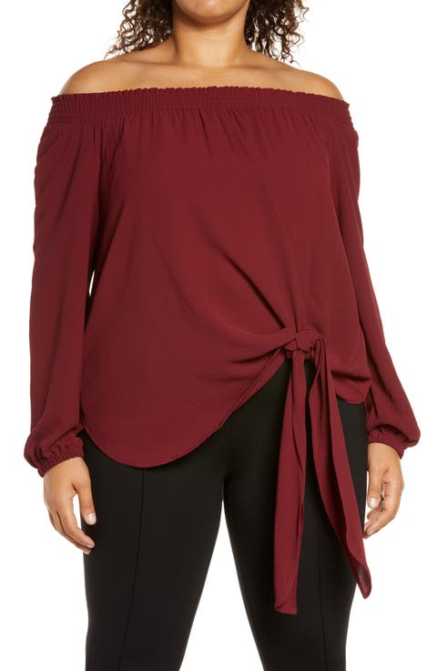 Tie Front Off the Shoulder Crepe Blouse (Plus Size)