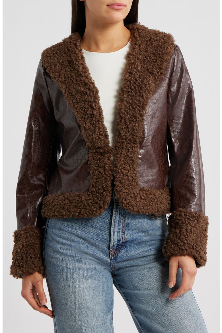 Found A Reason Faux Leather & Faux Shearling Trim Crop Jacket, Alternate, color, BROWN