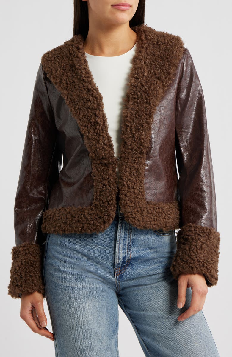 Princess Polly Found A Reason Faux Leather & Faux Shearling Trim Crop Jacket, Alternate, color, Brown