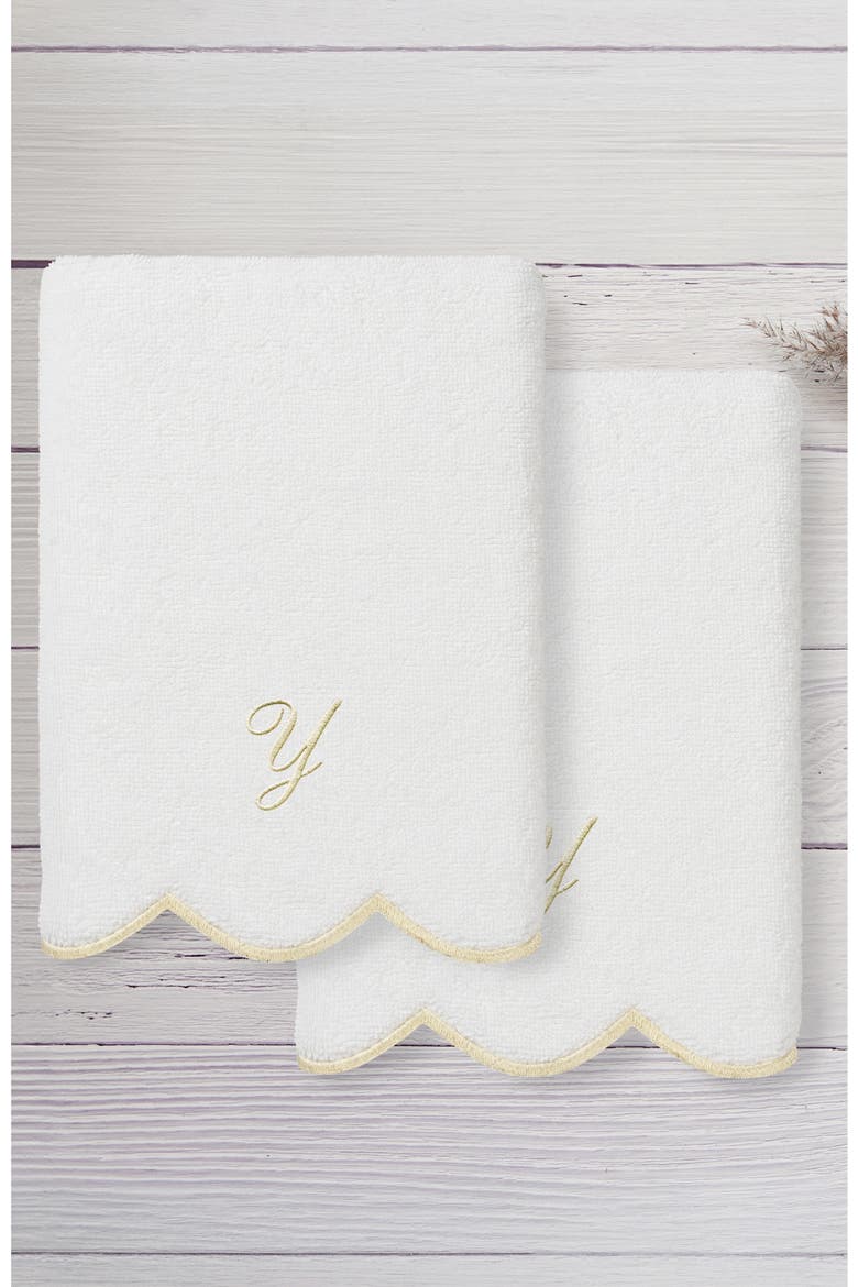 Adornia Scallop Set of 2 Monogrammed Hand Towels, Alternate, color, WHITE/ BEIGE Y