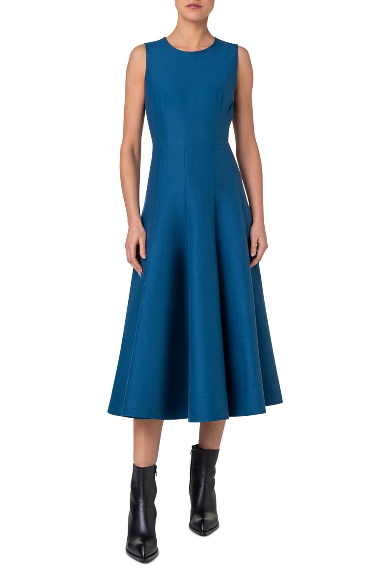 Cotton & Silk Blend Double Face Fit & Flare Midi Dress, Main, color, MEDIUM DENIM