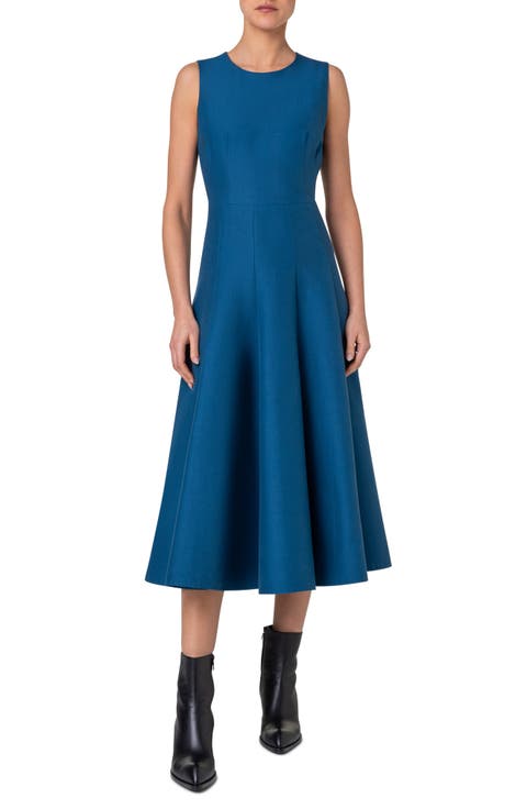 Cotton & Silk Blend Double Face Fit & Flare Midi Dress