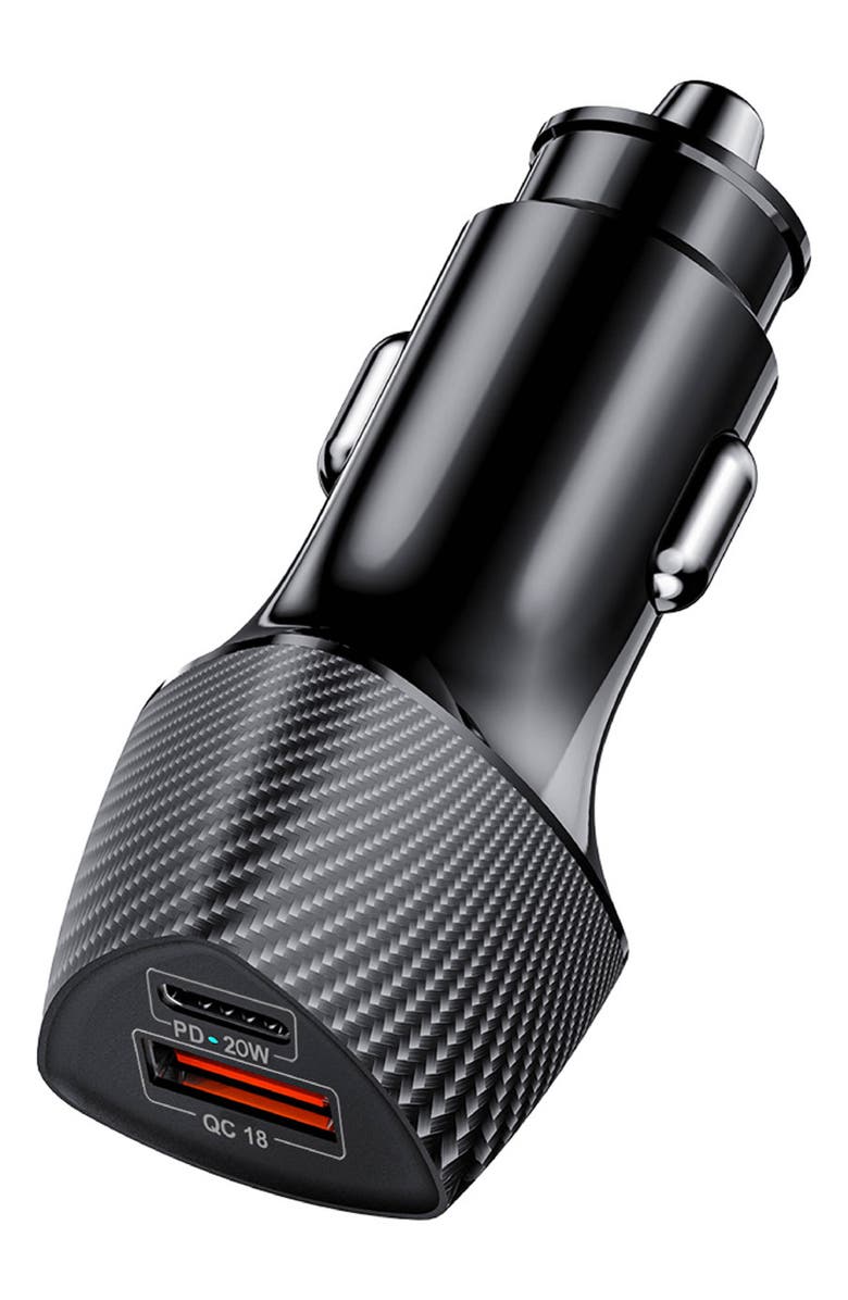 BROOKSTONE Dual Port PD 38W Car Charger, Main, color, Black Carbon Fiber