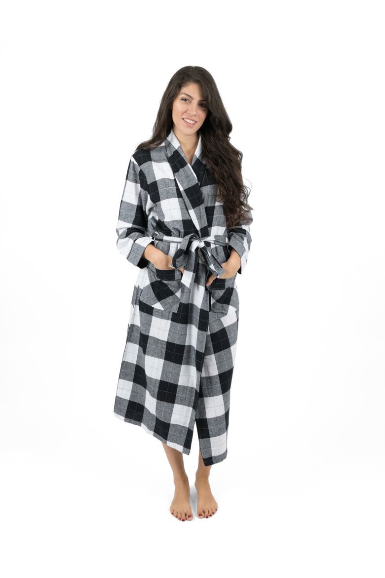 Women's Flannel Robe, 100% Cotton, Alternate, color, Plaid Black & White