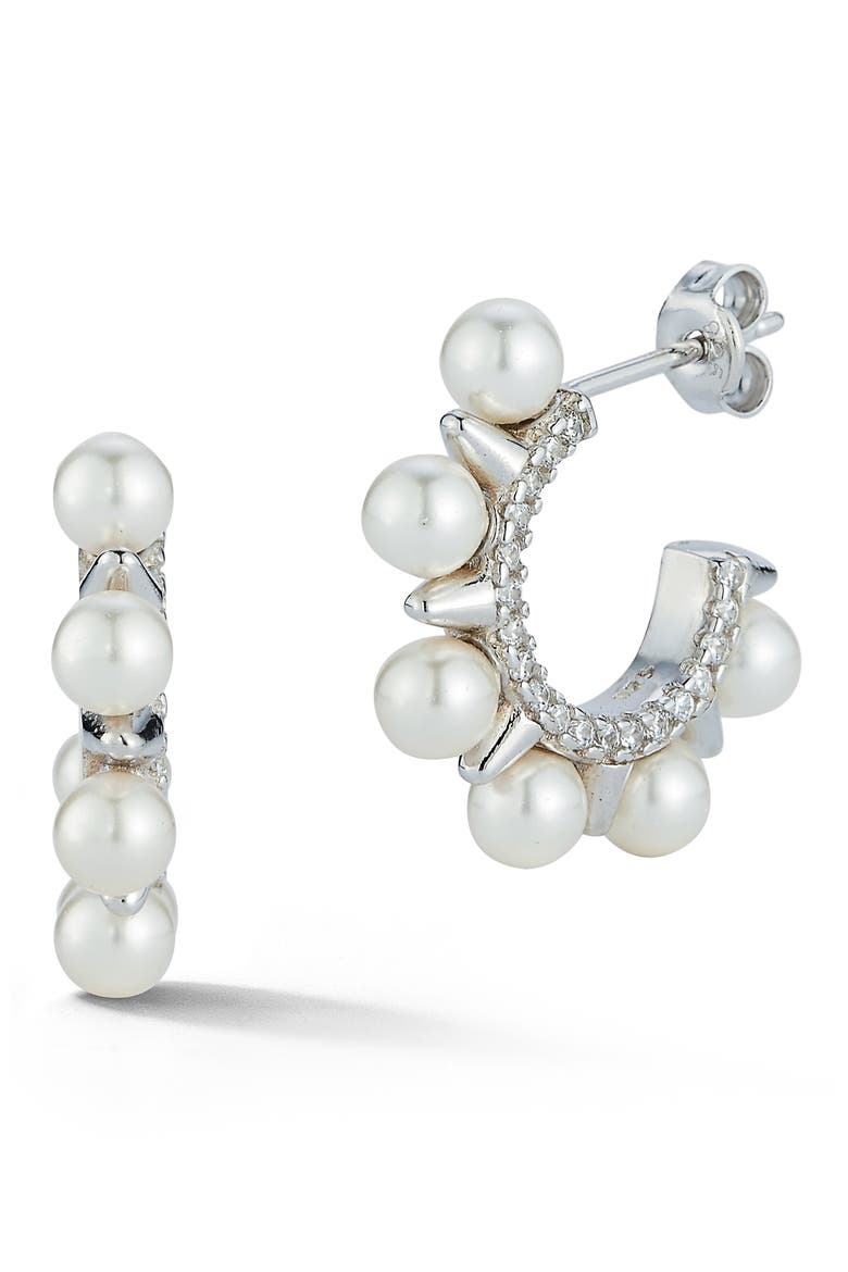 Cultured Pearl & Cubic Zirconia Huggie Hoop Earrings, Alternate, color, SILVER