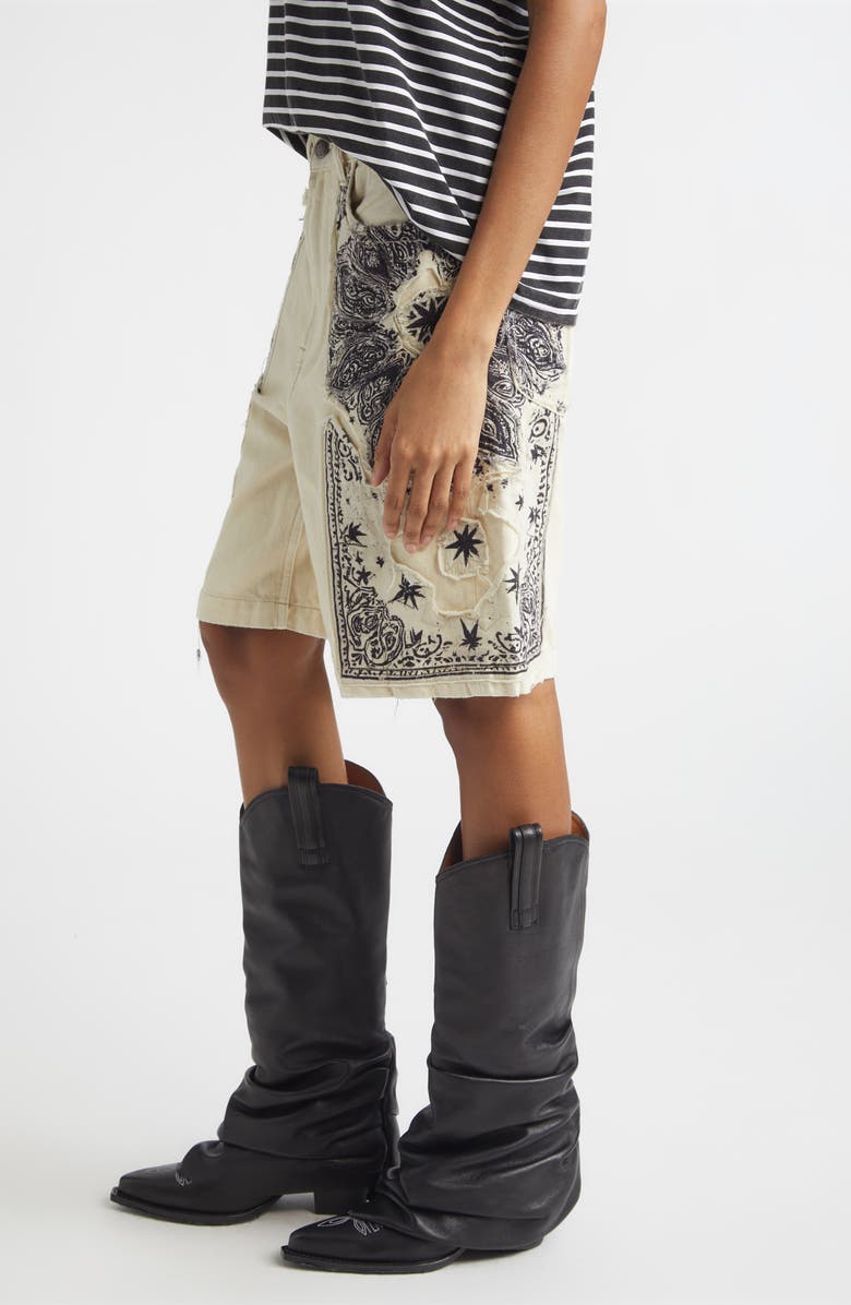 R13 Relaxed Denim Bermuda Shorts, Alternate, color, Ecru Bandana Applique