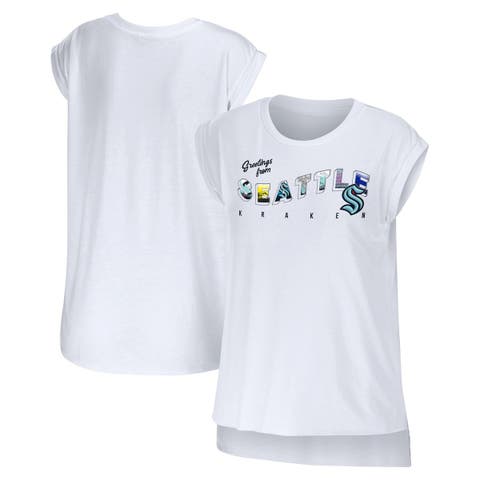 Women's WEAR by Erin Andrews White Seattle Kraken Greetings From Muscle T-Shirt