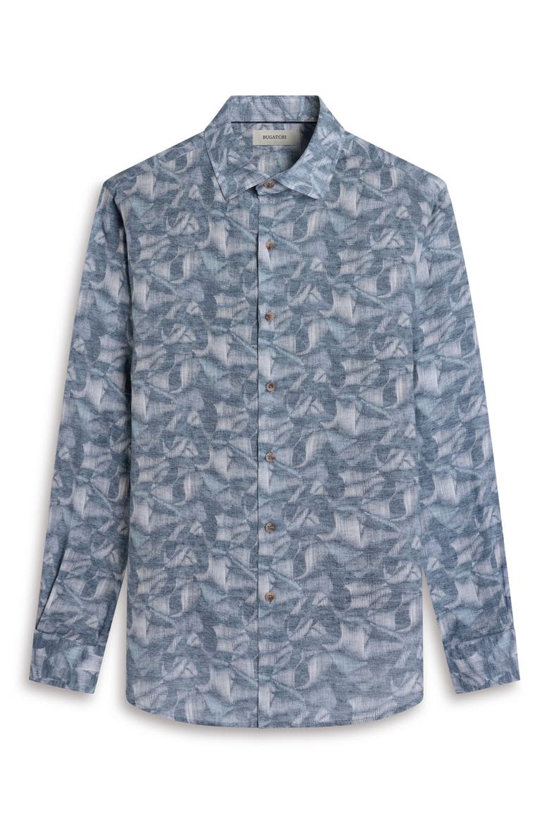 Julian Shaped Fit Abstract Leaf Print Linen Button-Up Shirt, Alternate, color, ETHER