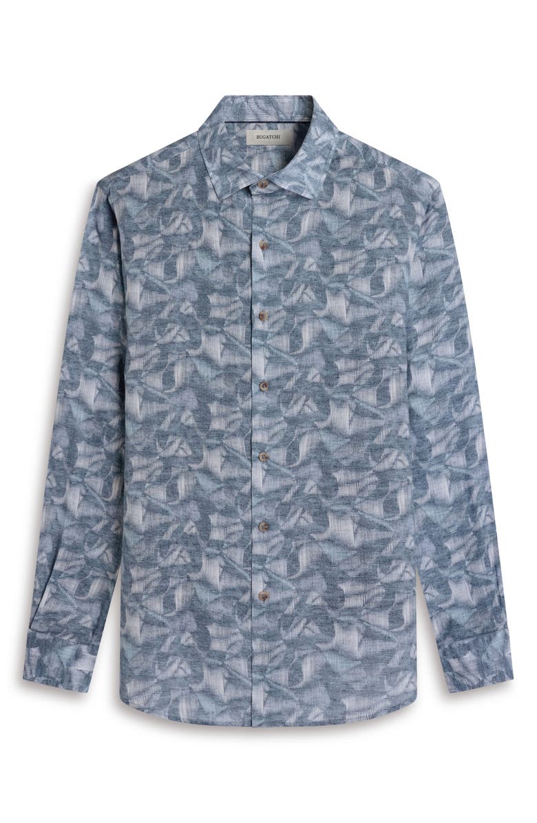 Bugatchi Julian Shaped Fit Abstract Leaf Print Linen Button-Up Shirt, Alternate, color, Ether