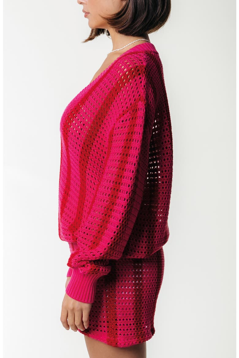 Lizza Crochet Stripe V-Neck Sweater, Alternate, color, Medium Bright Pink