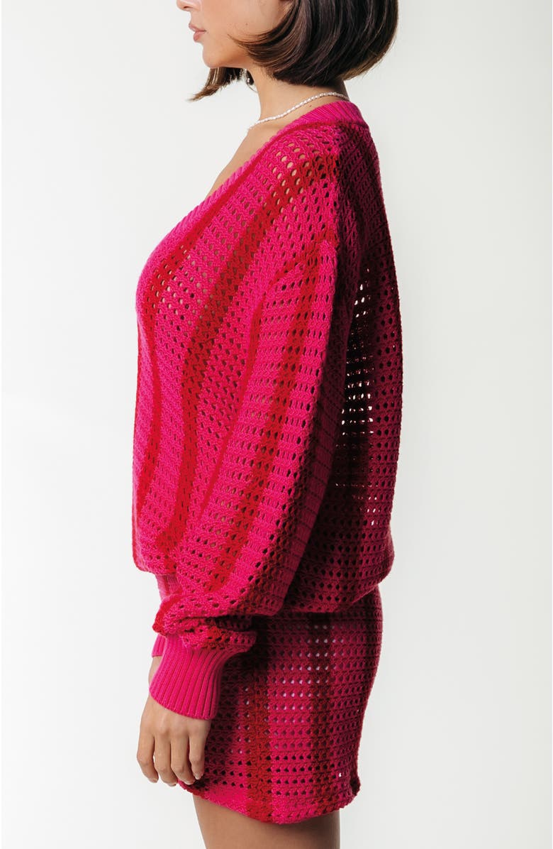 Colourful Rebel Lizza Crochet Stripe V-Neck Sweater, Alternate, color, Medium Bright Pink