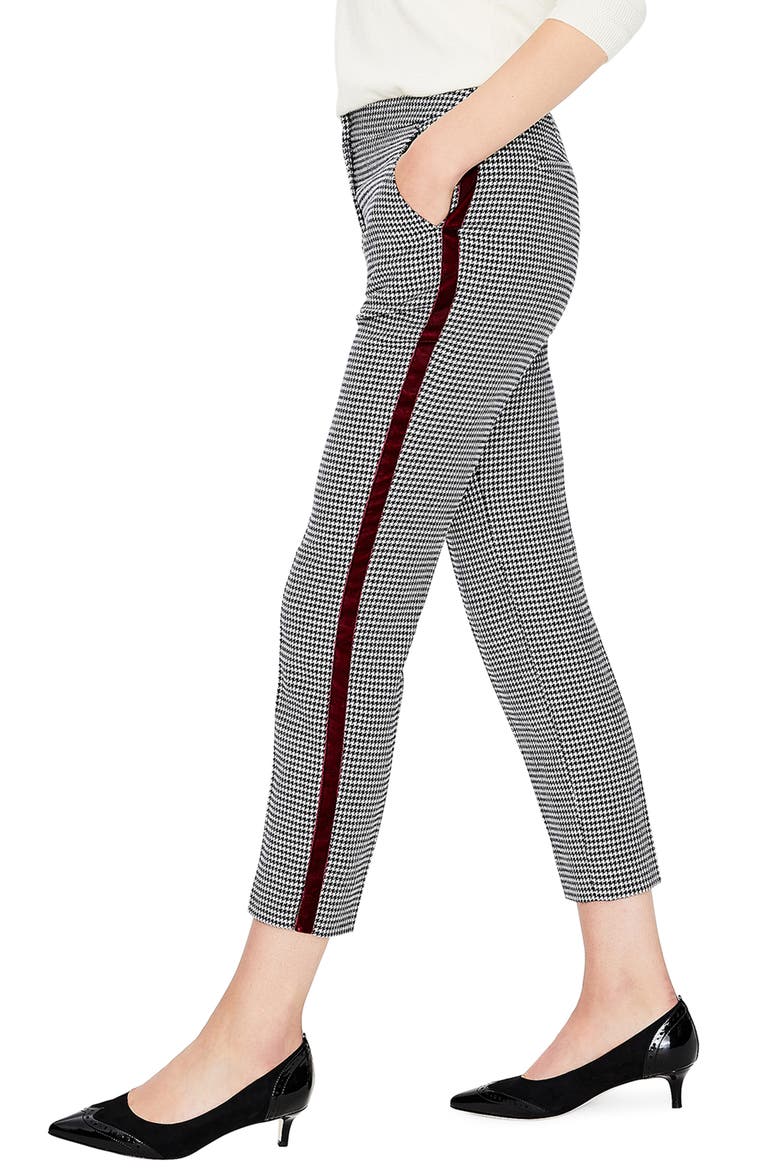 British Tweed Check Velvet Trim Pants, Alternate, color, AW18 NAVY AND IVORY PUPPYTOOTH
