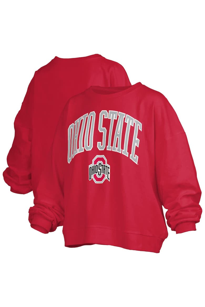 Women's Pressbox Scarlet Ohio State Buckeyes Janise Arch Over Logo Waist Length Oversized Pullover Sweatshirt, Main, color, Scarlet