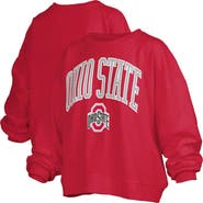 PRESSBOX Women's Pressbox Scarlet Ohio State Buckeyes Janise Arch Over Logo Waist Length Oversized Pullover Sweatshirt